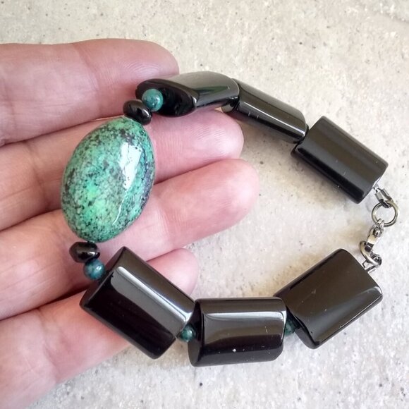 Bold Elegance: Black Jasper & Chrysocolla Heavy Bracelet! Wisdom & Protection - Picture 3 of 7